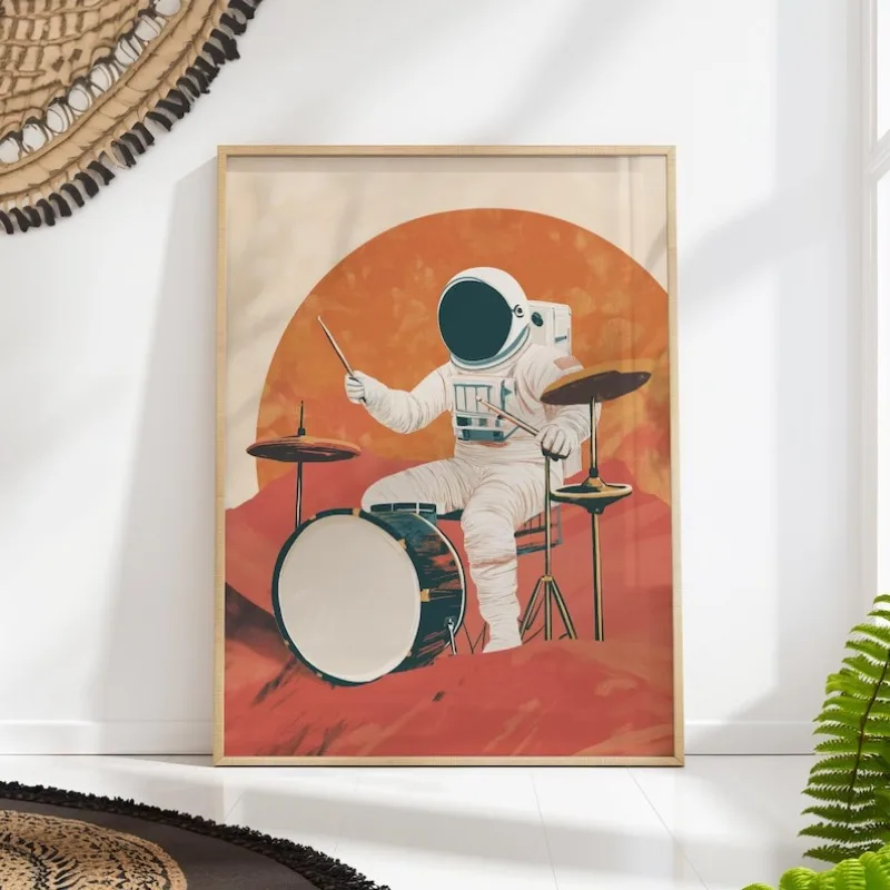 

Retro Abstract Astronaut Canvas Wall Art Decor, Frameless Space Music Canvas Wall Art Poster for Living Room and Bedroom Decor
