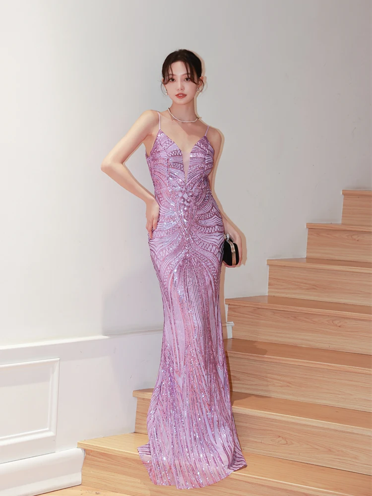 

Сверкающее длинное вечернее платье с бретелями, сексуальный облегающий крой с дизайном «рыбий хвост» для выступлений и свадеб, фиолетового цвета.