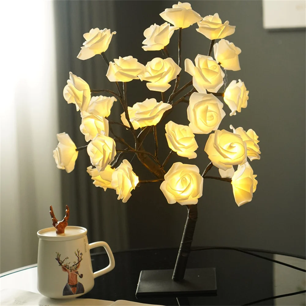 24 LED Rose Flower Tree Lights USB Table Lamp Fairy Night Light Home Party Christmas Wedding Bedroom Decoration Gift