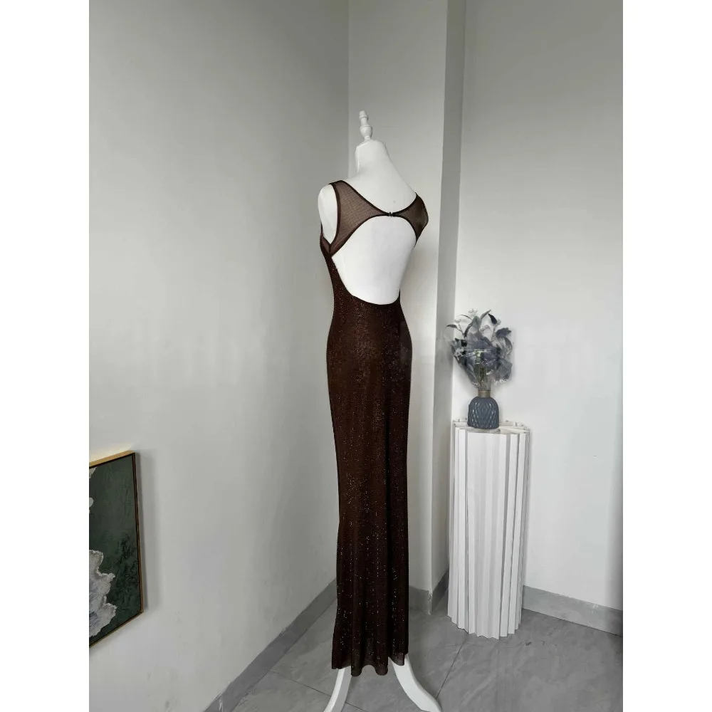 Neues 2026 Damen Luxus-Abendkleid mit Strass, tiefem V-Ausschnitt, figurbetontem Maxikleid, Spaghettiträgern, formelles Partykleid – Detail 4