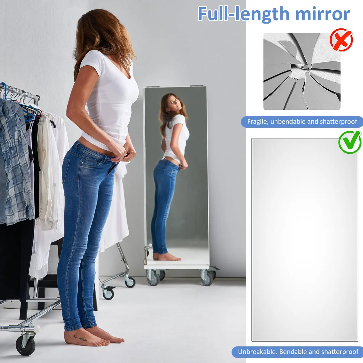 Self Adhesive Mirror Stickers 60x100cm/50x100cm Mirror Full Body Set Wall Sticker Acrylic Mirror Tile Decals For Wall Bathroom