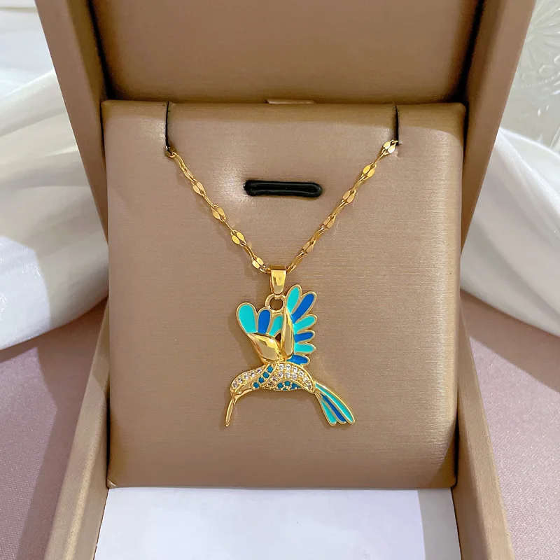 Stainless Steel Blue Hummingbird Pendant Necklace for Women Trendy Flying Bird Clavicle Chain Choker Aesthetic Jewelry Gifts