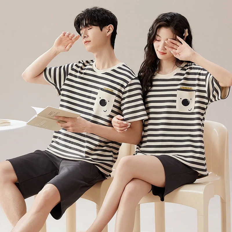 Summer Pajama Sets for Women Men Short Sleeve T-shirts+Shorts 2Pcs Suits Nightwear Cartoon Sleepwear Couple Casual Home Clothes