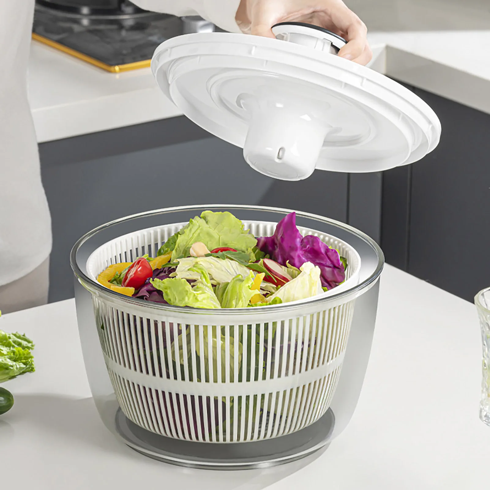 Salad Spinner Drain Basket With Non-Slip Rubber Base Food Grade Storage Container Leak-Proof Lettuce Spinner Salad Bowl 배수 바구니