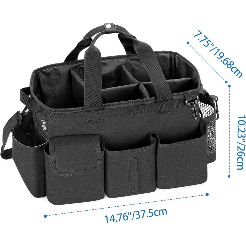 Large Cleaning Caddy Bag with Detachable Divider, Adjustable Strap for Housekeepers, Black