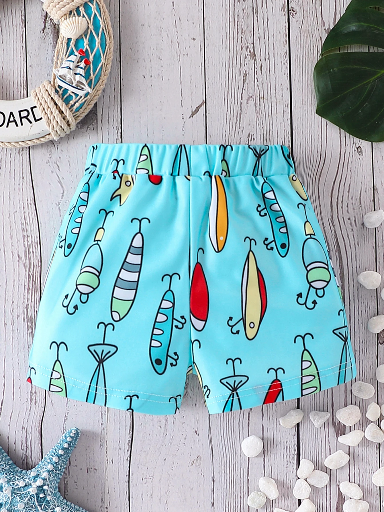 Summer Toddler Baby Boys Swim Trunks 1-3Y Fishing Lure Print Drawstring Waist Quick-Dry Swim Shorts Kids Beachwear