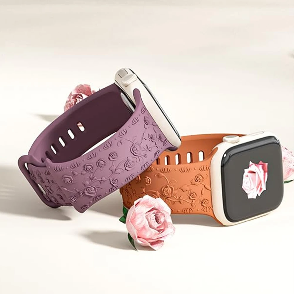 حزام منقوش لساعة أبل 44 42 45 46 41 40 49 مللي متر سوار سيليكون زهري كوريا iWatch Series 10 8 7 6 9 5 SE Ultra2