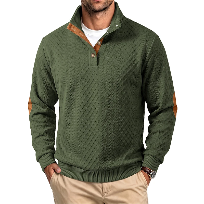 Men's Fall/Winter Casual Loose Heavy-Textured Knit Pullover with Stand Collar and Vintage 3-Button Closure Sweatshirt