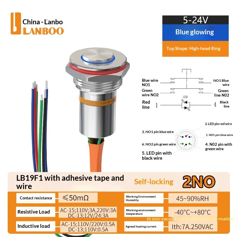 LANBOO F1 serie 19mm miniatuur waterdichte epoxy-geïsoleerde IP67 verlichte drukknop, vergelijkbaar met Bole-stijl