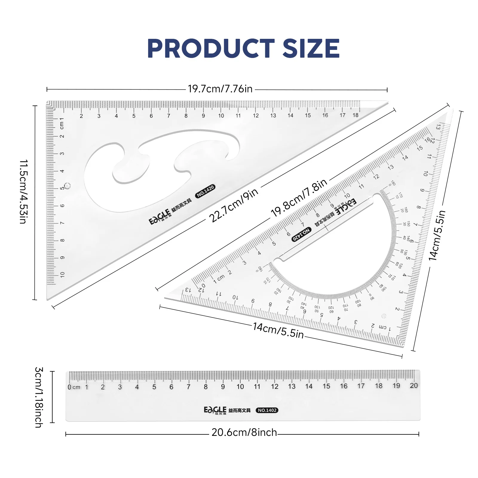 EAGLE 3Pcs Ruler Set with Protractor, Triangle Rulers, French Curve for Office Engineering Art, High Visibility Drawing Tools