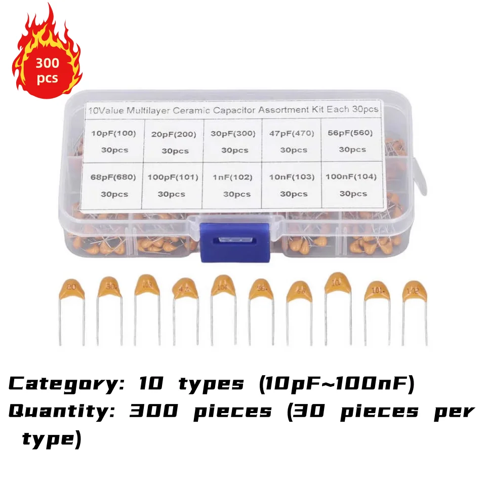 300PCS Monolithic Capacitors 30 Pieces Each In 10 Specifications (10PF-100NF) Plug-in Monolithic Capacitors