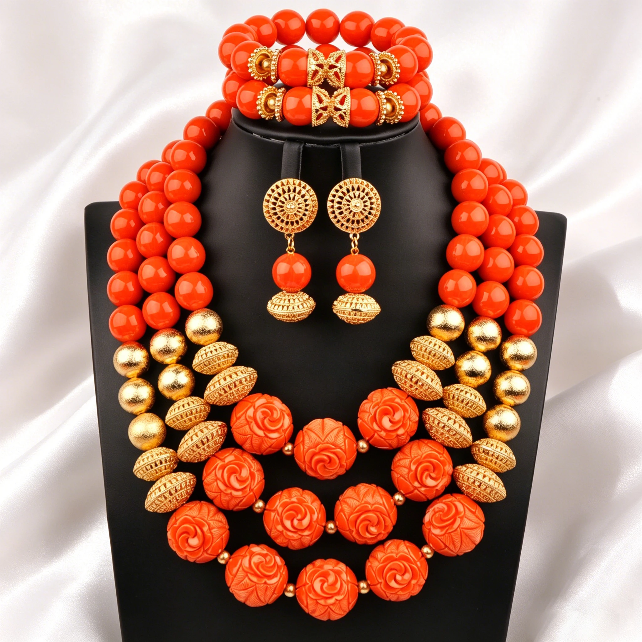 Fshion African Coral Beads Jewelry Set, Nigerian Bridal Wedding Necklace Earrings Bracelet Set for Traditional Marriage