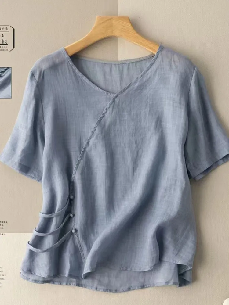 Women Summer Casual T-shirts New Arrival 2022 Vintage Style V-neck Solid Color Loose Female Short Sleeve Tops Tees B2004