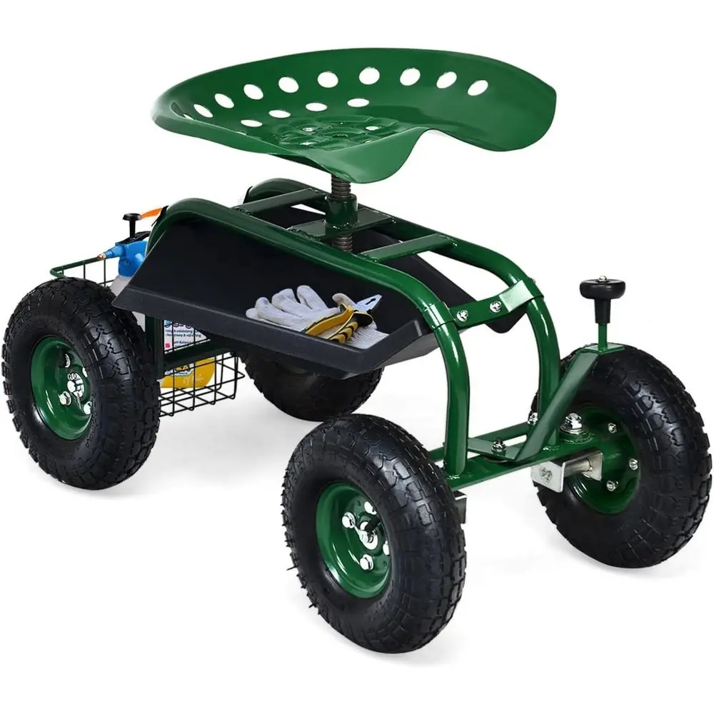 

Height-Adjustable Rolling Gardening Stool with Storage, Outdoor Yard Lawn Cart Seat