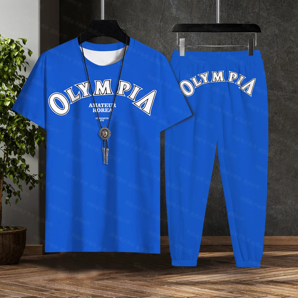 

OLYMPIA High Quality Print Gym Shirt Sports T-Shirt Men Short Sleeve Running Trousers Set Workout Training Fitness Loose Plus Si