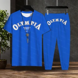 OLYMPIA High Quality Print Gym Shirt Sports T-Shirt Men Short Sleeve Running Trousers Set Workout Training Fitness Loose Plus Si