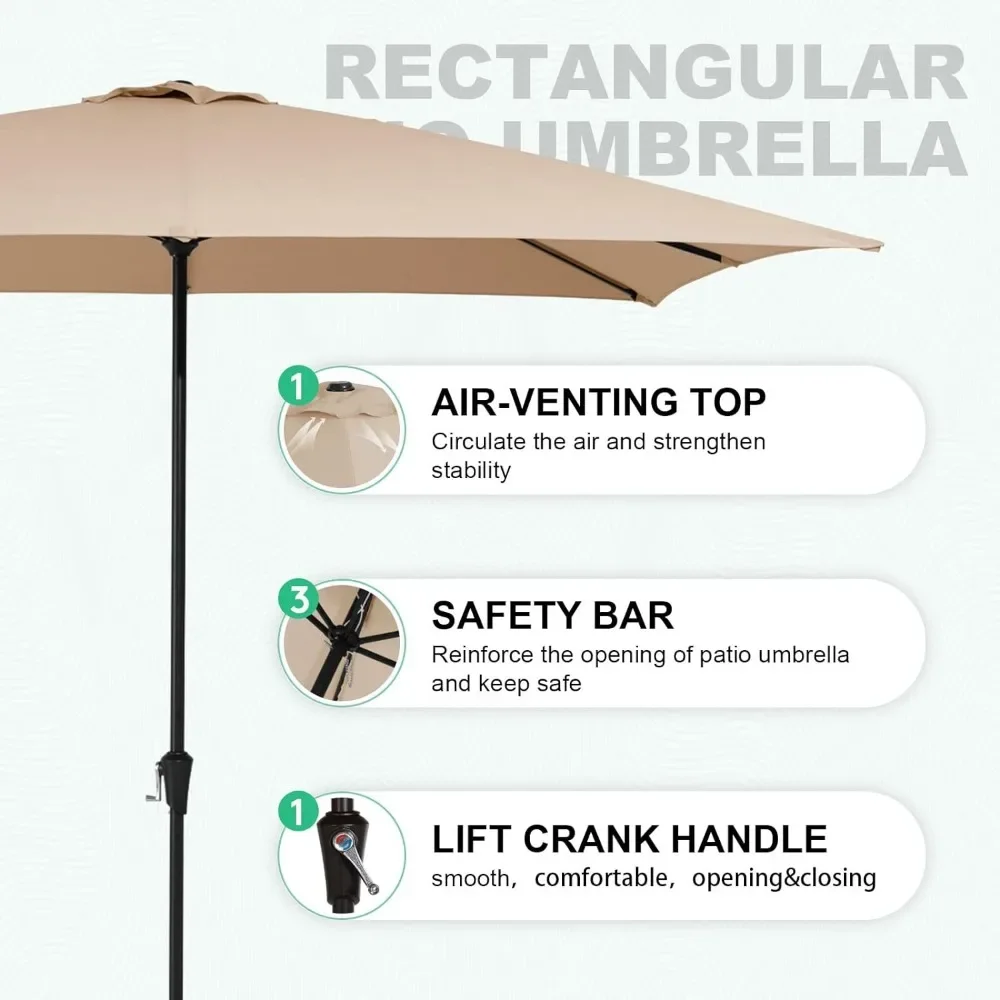 Guarda-chuva retangular, Guarda-chuva ao ar livre com sistema de elevação, 8 pés x 10 pés, 8 costelas resistentes, proteção UV, à prova d'água