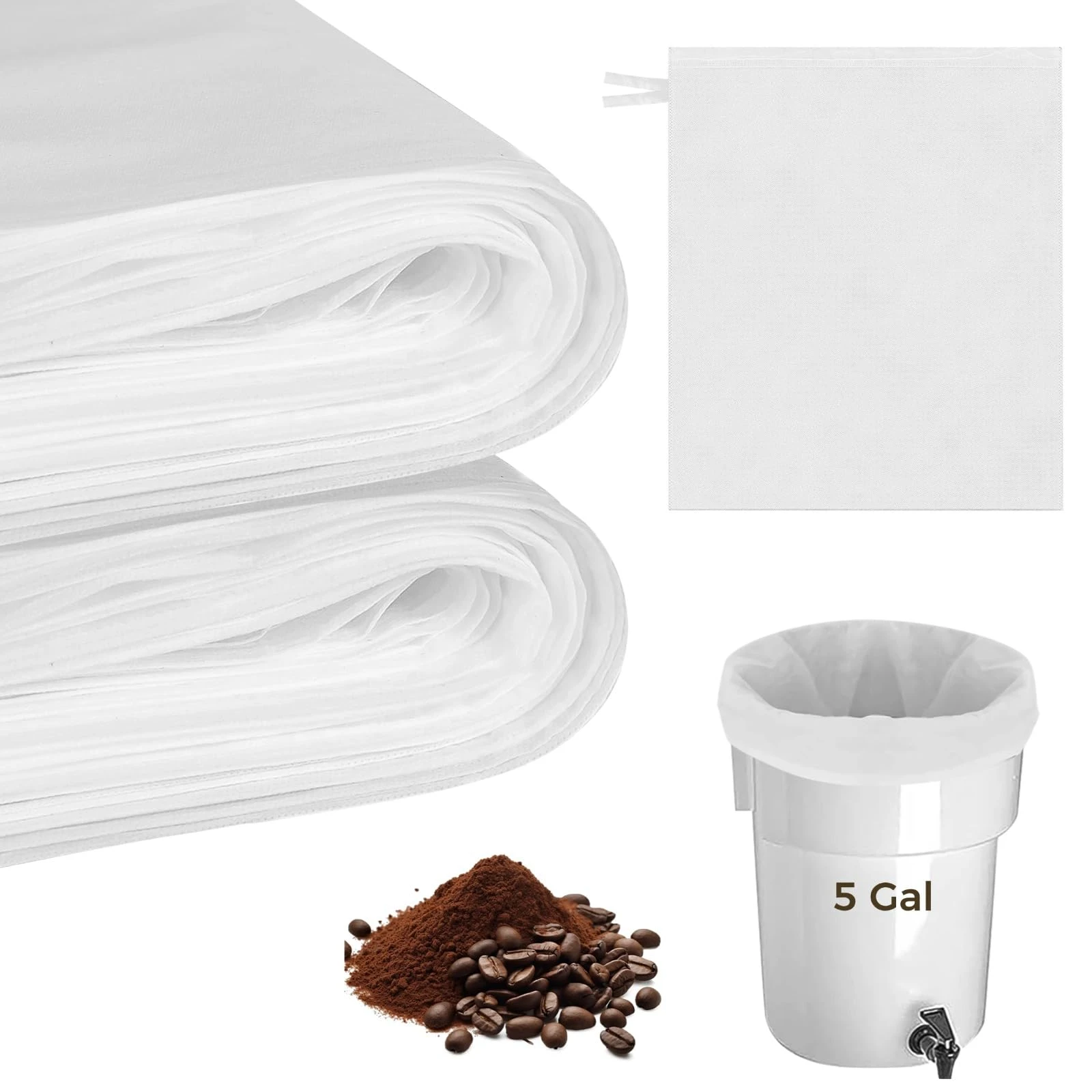 100 Pack Commercial Cold Brew Coffee Filters 5 Gallon Bucket Disposable Fine Mesh Non-Woven Bags for Coffee Shops Restaurants