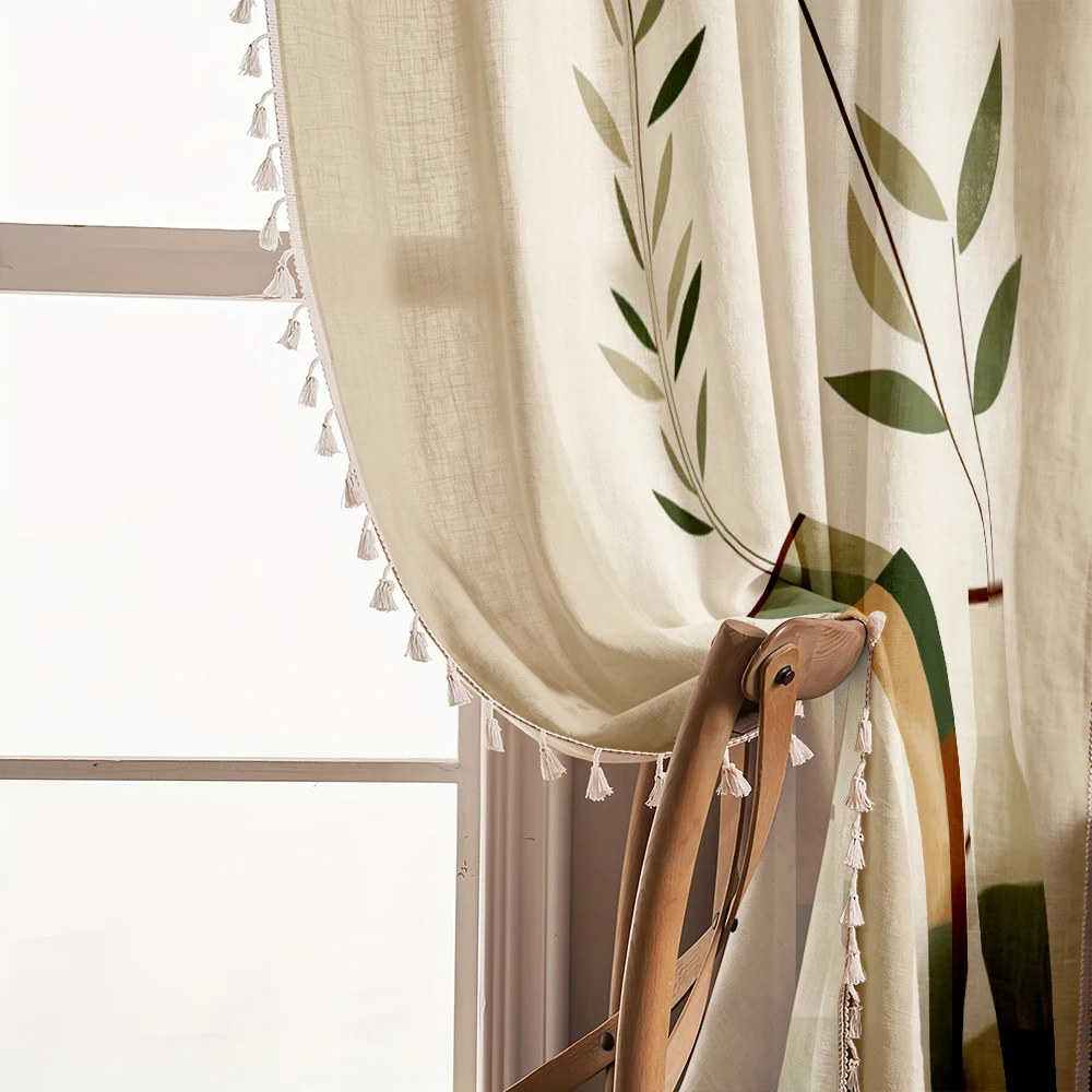 1PC Geometric Tassel Sheer Curtain, Abstract Vase Plant, Digital Print, Linen Polyester, Bedroom, Living Room, Kitchen