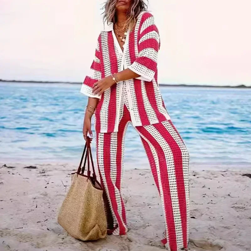 Summer V-neck Button Top & Wide Leg Pants Suits Spring Crochet Hollow Knitted Set Woman 2 Pieces Striped Print 3/4 Sleeve Outfit