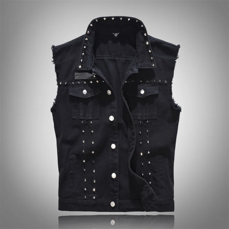 Black Men's Denim Vest Ripped Sleeveless Jeans Jacket Men Casual Waistcoat Cotton Gilet Tank Cowboy Hip Hop Rivets Streetwear