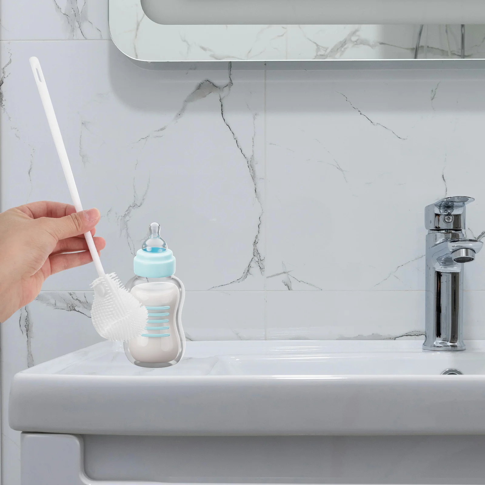 فرشاة للزجاجات من السيليكون بتصميم مرن وشعيرات ناعمة ومقبض طويل لزجاجات الأطفال وأكواب البهلوانات وحاويات ضيقة لغسل الأطباق #4