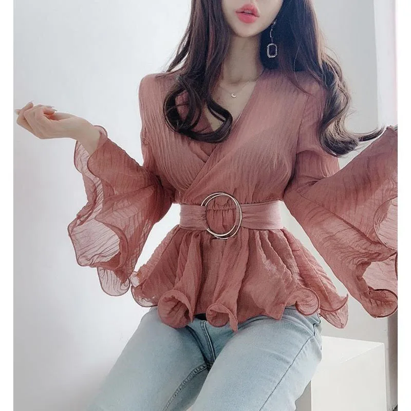 Elegant V-Neck Lace Up Folds Ruffles Flare Sleeve Blouse Female Clothing 2023 Spring Autumn New Casual Pullovers Sweet Shirt