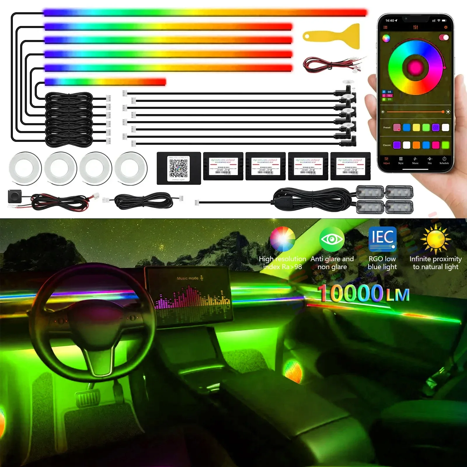 18/22 in 1 Symphony Car Acrylic Ambient Lights RGB Universal LED Strip Interior Neon Streamer Rainbow Lamp Kit APP Comtrol