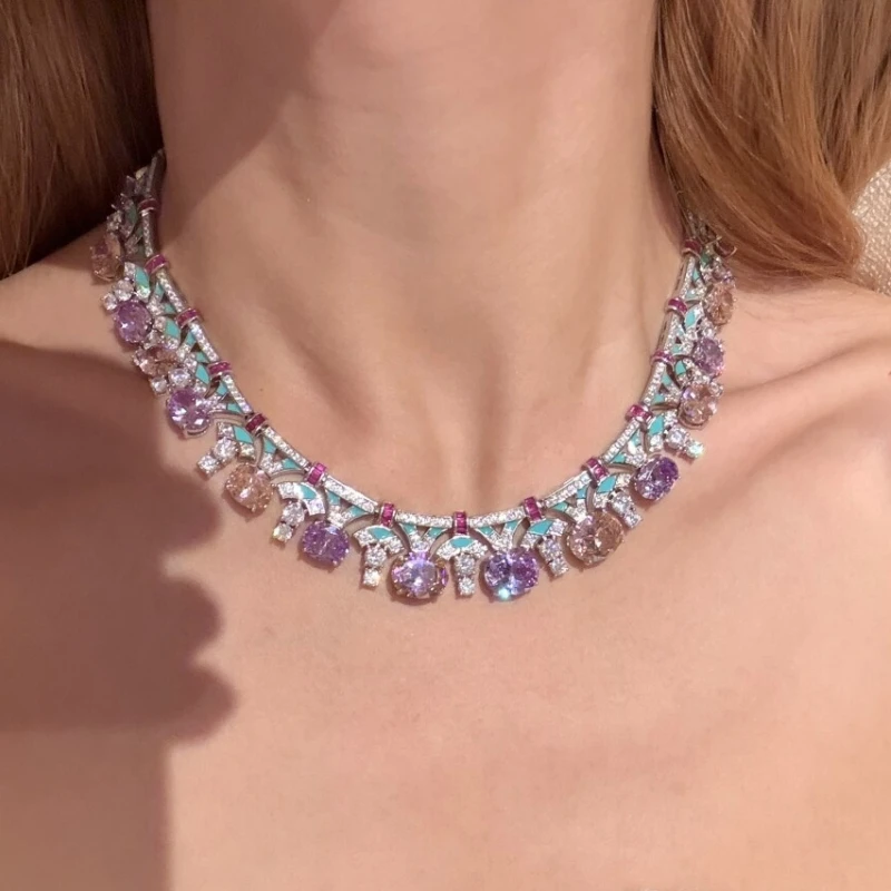 Bellux Wedding Party Exquisite Diamond Set Colorful Necklace Pure Silver Plated Platinum Luxury Jewelry 925 Silver Necklace