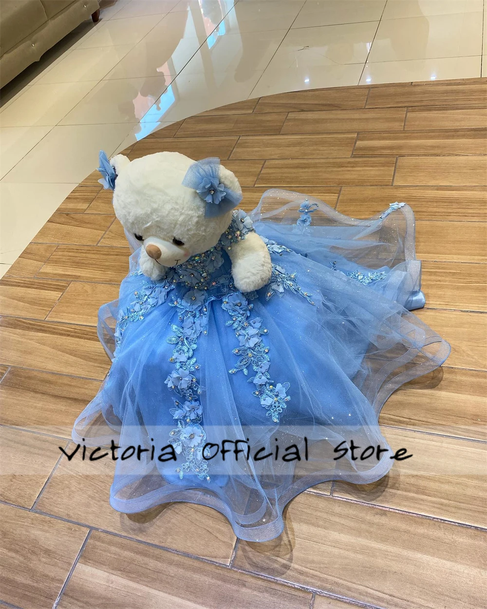 Blue Lace Flowers Personalized Quinceanera Teddy Bear Dress Sweetheart Lace Flowers Appliques Crystals Bead Off The Shoulder