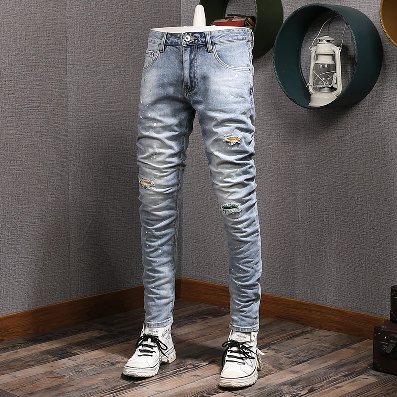 

Street Fashion Men Jeans Retro Light Blue Vintage Stretch Skinny Ripped Jeans Men Patched Designer Hip Hop Denim Pants Hombre