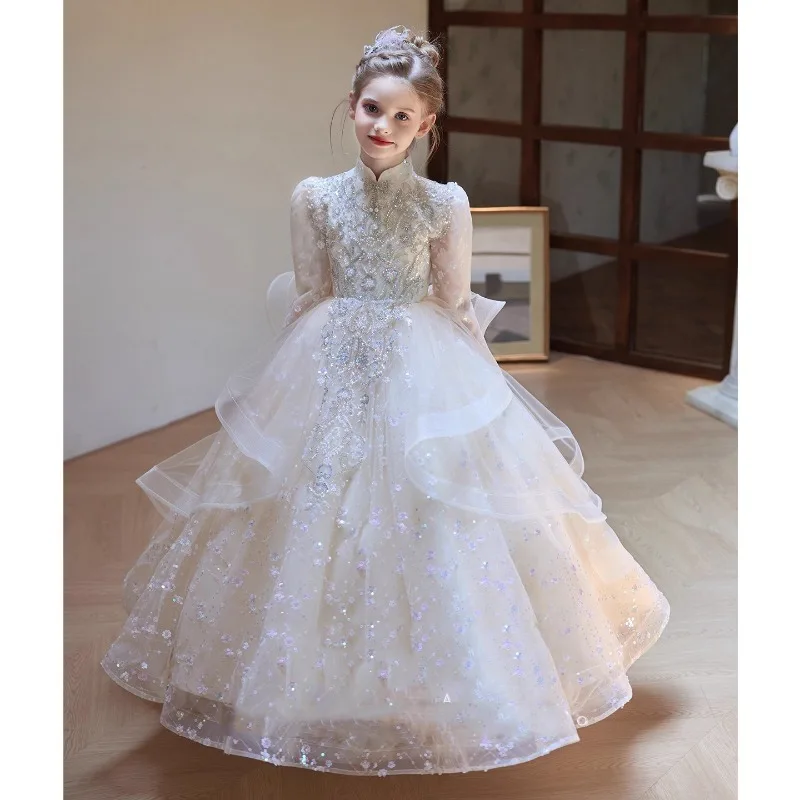 Children's Birthday Party Dress Princess Style Flower Girl Wedding Dress French Piano Performance Outfit Little Girl Hostess