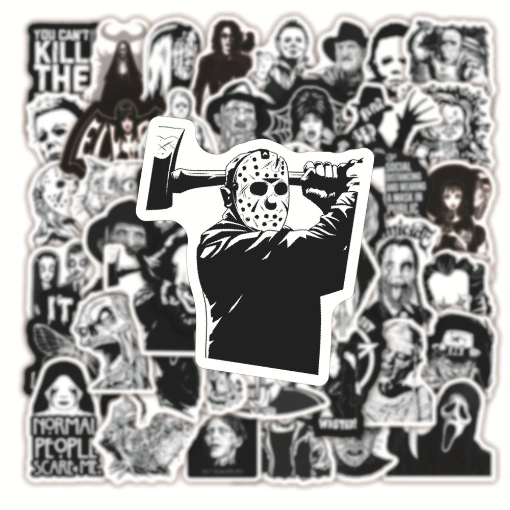 50PCS Black and White Wind Horror Movie Halloween Graffiti Waterproof Stickers Creative Trendy Fridge Guitar Decoration Stickers