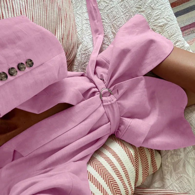 Eeovni moda rosa linho blazer casaco feminino gola entalhada cinto reunido cintura jaqueta versátil 2025 verão novas roupas