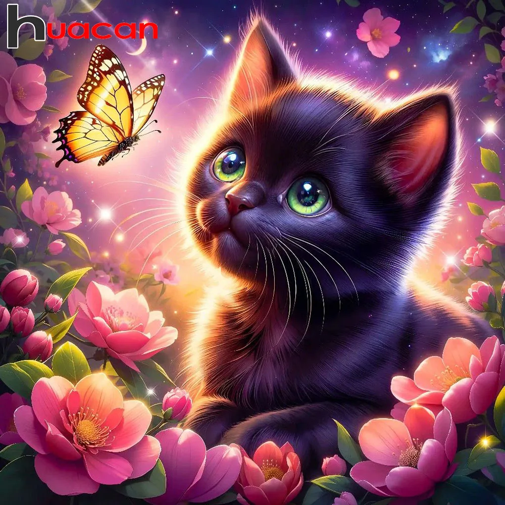

Huacan Full Diamond Painting Cat Butterfly Diamond Mosaic Animal Flower Complete Kit Picture Of Rhinestones