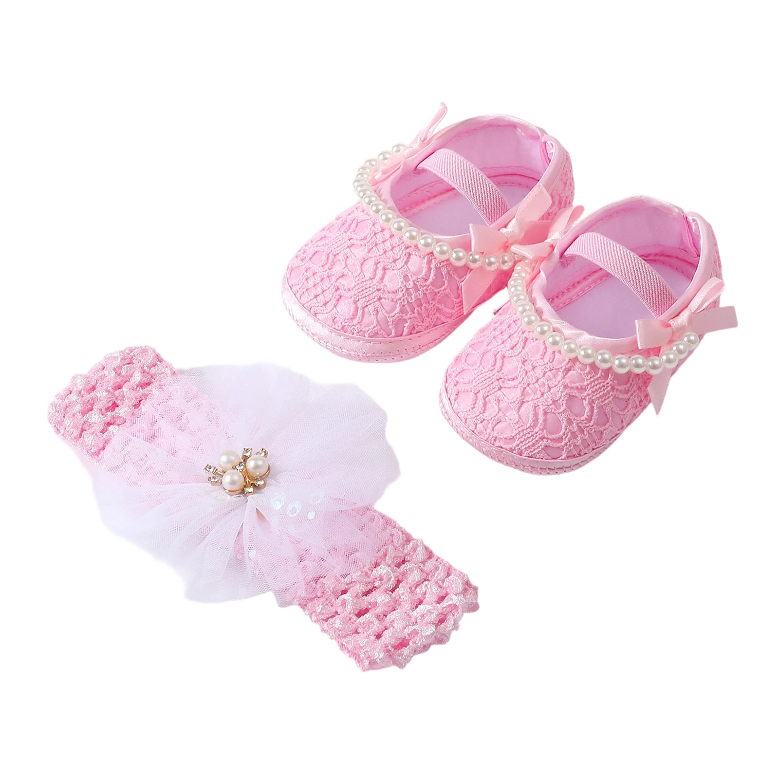 2026 New Toddler Baby Girl Spring Flats Shoes Infant Bow Pearl Chain First Walker Crib Shoes with Headband for Baby Shower