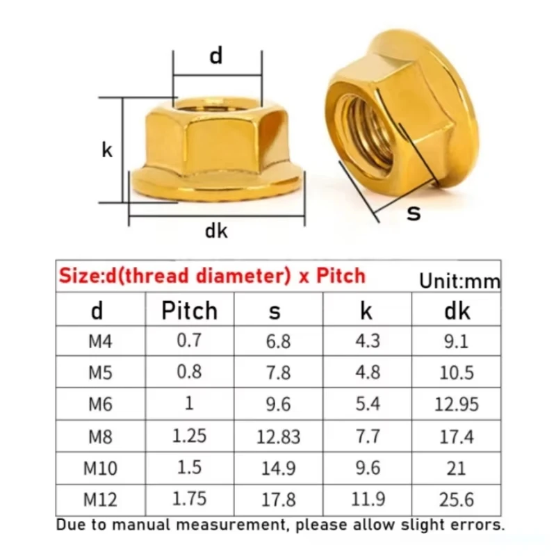 2Pcs Titanium Plated Hexagonal Flange Nut M3 M4 M5 M6 M8 M10M12 304 StainlessSteel Blue/Gold Hex Head Serrated Lock Spinlock Nut