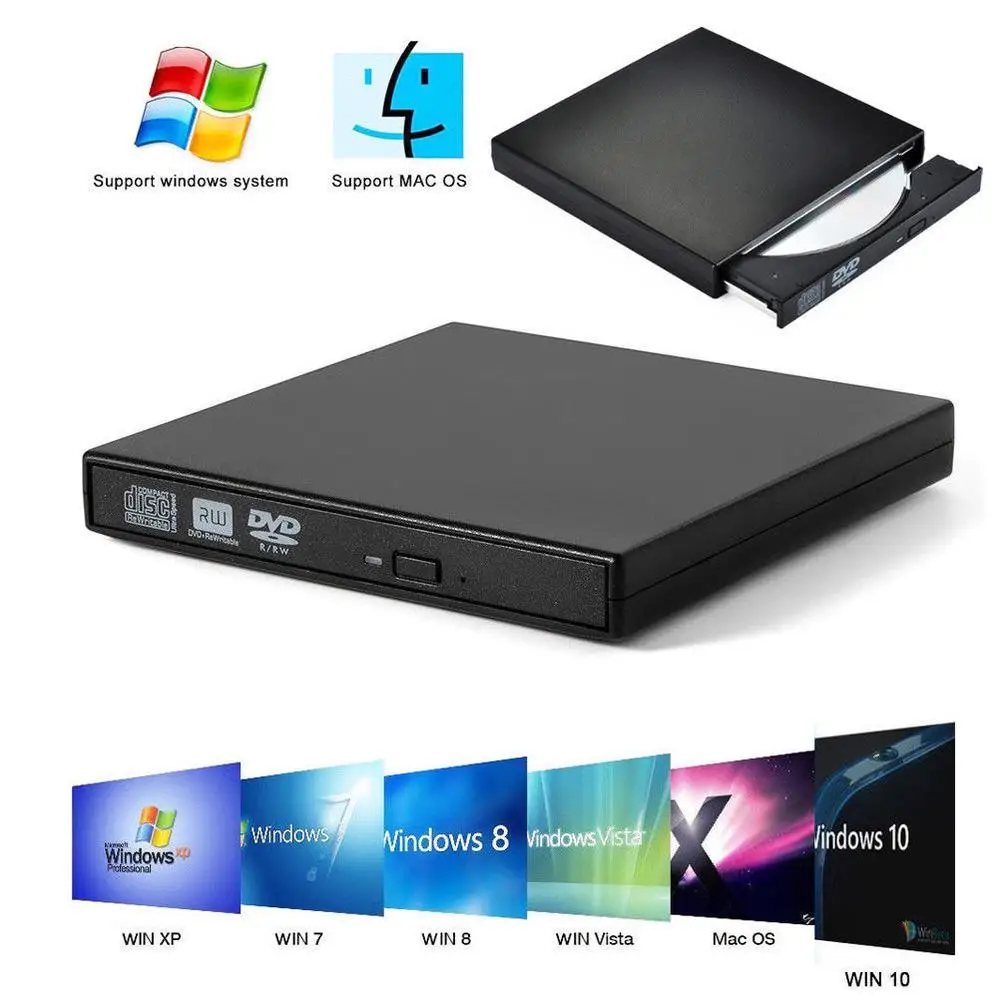 USB portátil externo DVD CD Player, queimador de disco Rw, Combo Drive Reader para Windows 98, 8, 10, Laptop, PC, Desktop