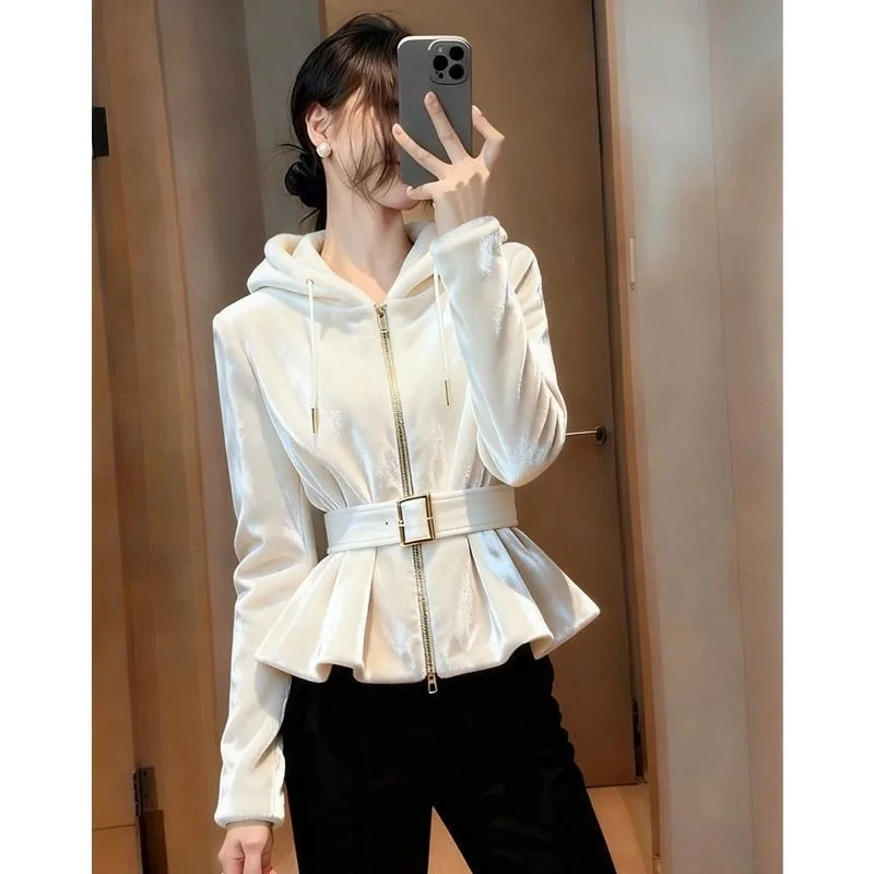 

Blouse Outerwear Women's Autumn/Winter Hooded Designer Tie-front Fitted Waist Cardigan Comfortable Minimalist Casual Fashionable