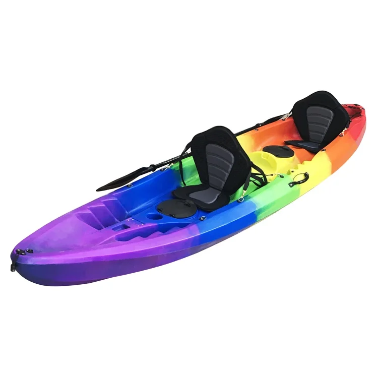 The best-selling and highest-quality two-person fishing kayak is a colorful canoe with a two-person tandem kayak sitting on top
