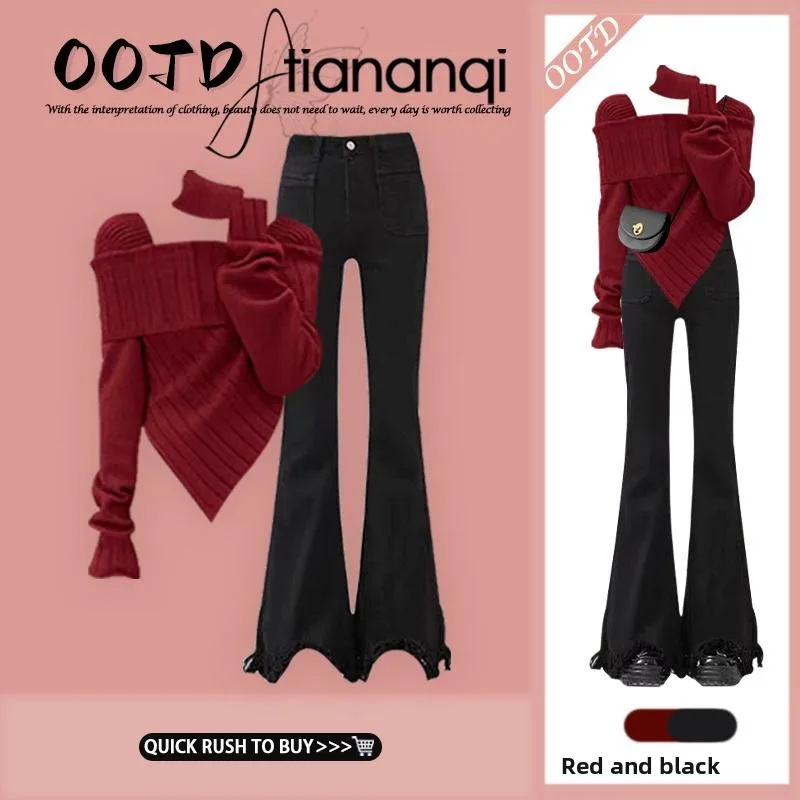 

Элегантный осенний комплект из двух предметов для женщин: красный вязаный топ на одно плечо и укороченные расклешенные джинсы в повседневном стиле.