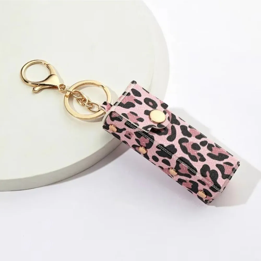 Trendy Leopard Print Leather Keychain Portable Lipstick Bag Keyring Pendant Key Ring Chain Bag Charm