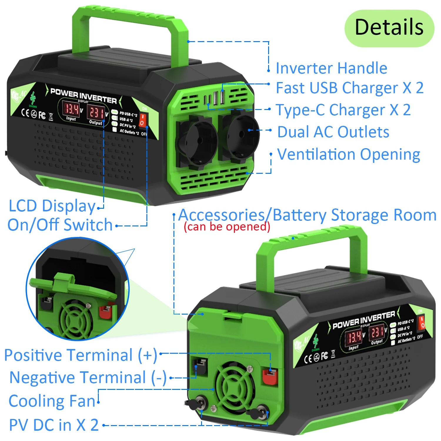 500W Continuous 1000W Peak Portable Power Inverter DC12V to AC220V, Multi Ports Output LCD Display Converter for Camping RV