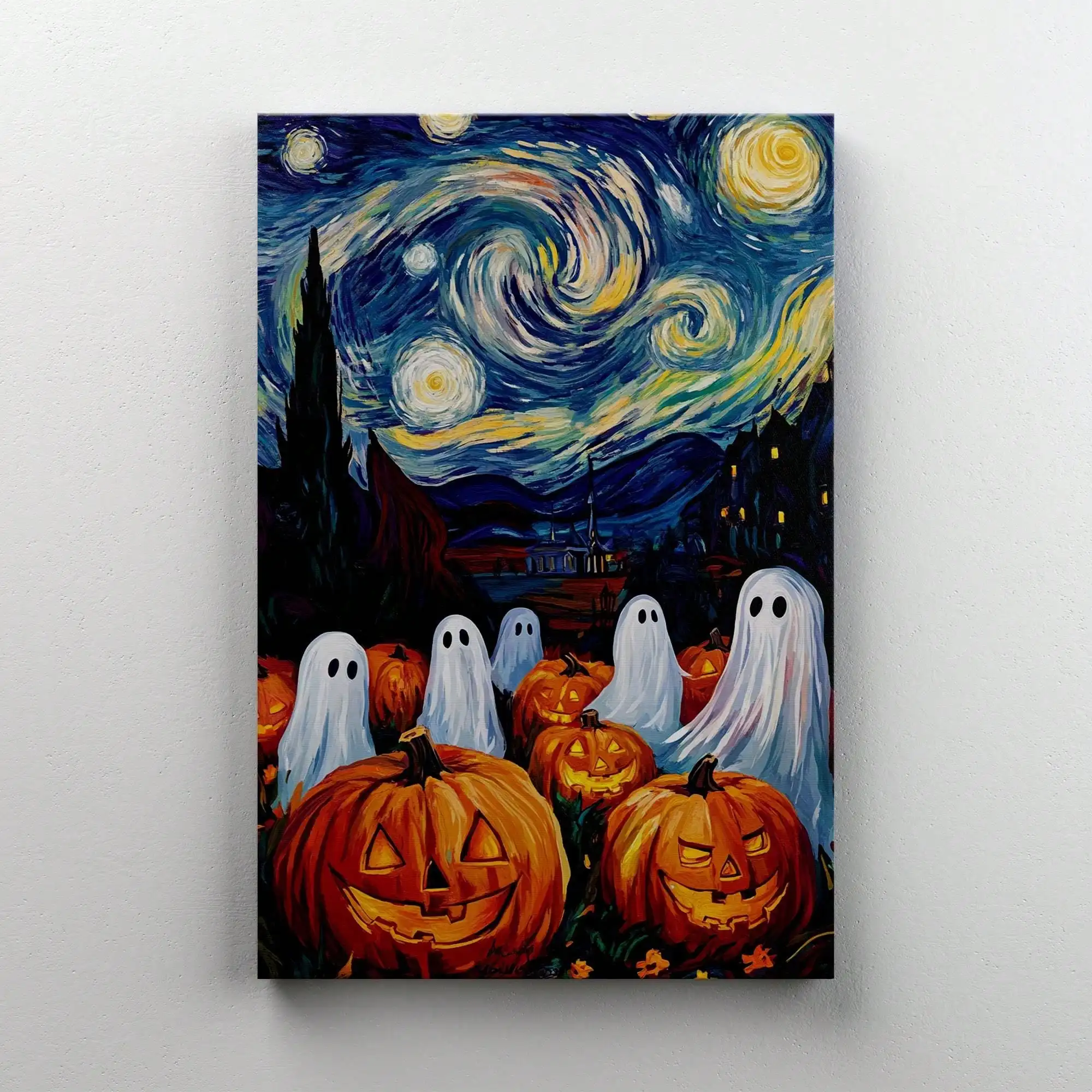 Halloween Ghost Pumpkin Framed Canvas, Swirling Night Sky Poster, Stretched Canvas