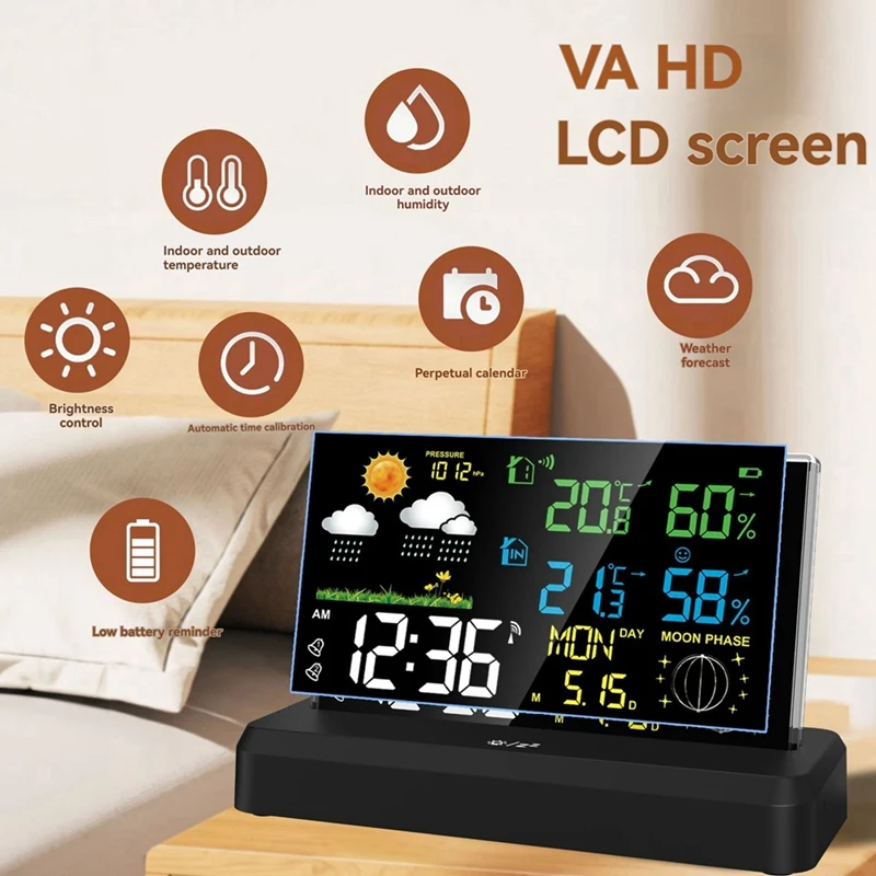 VA Color Screen Digital Weather Station Forecast Weather Station Radio Clock Home Hygrothermograph EU Plug A