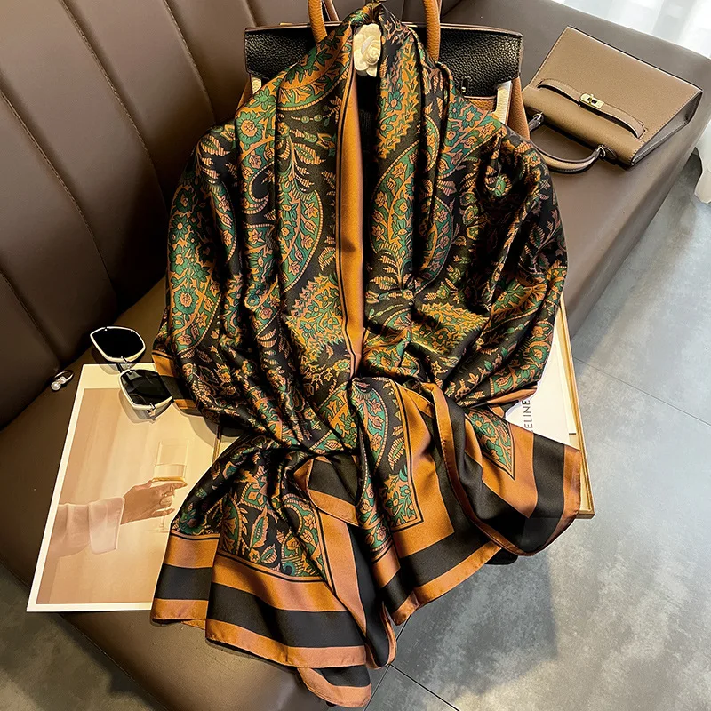 Printed Satin Shawl Geometric Cashew Polyester Scarf For Women Fashion Outdoor Sun Protection Cape 180*85cm