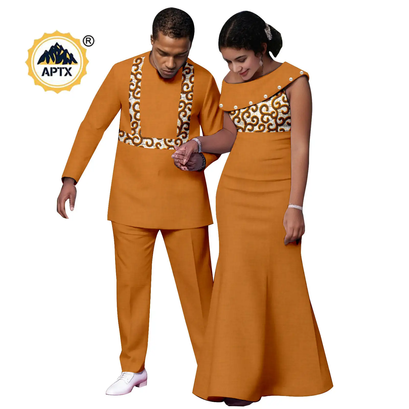 

Африканские сексуальные платья с принтом бисера для женщин, одинаковые наряды для пар, африканская одежда, мужские комплекты из топа, рубашки и брюк 25C077