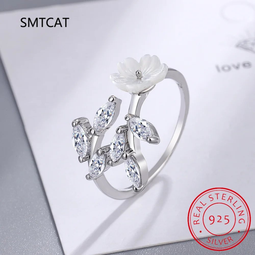 Exquisite Shell Pearl Thin Flower Ring Real 925 Sterling Silver Opening Size Stackable Finger Rings For Women Jewelry J6164