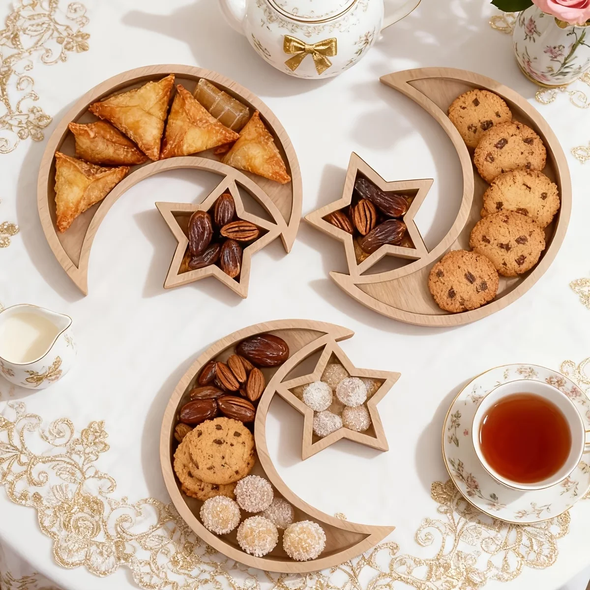 Bandeja de Madera con Forma de Luna y Estrella para Ramadán, Plato para Postres y Aperitivos, Decoración Islámica Musulmana para el Hogar, Decoración para Fiestas de Cumpleaños, Festivales y Celebraciones