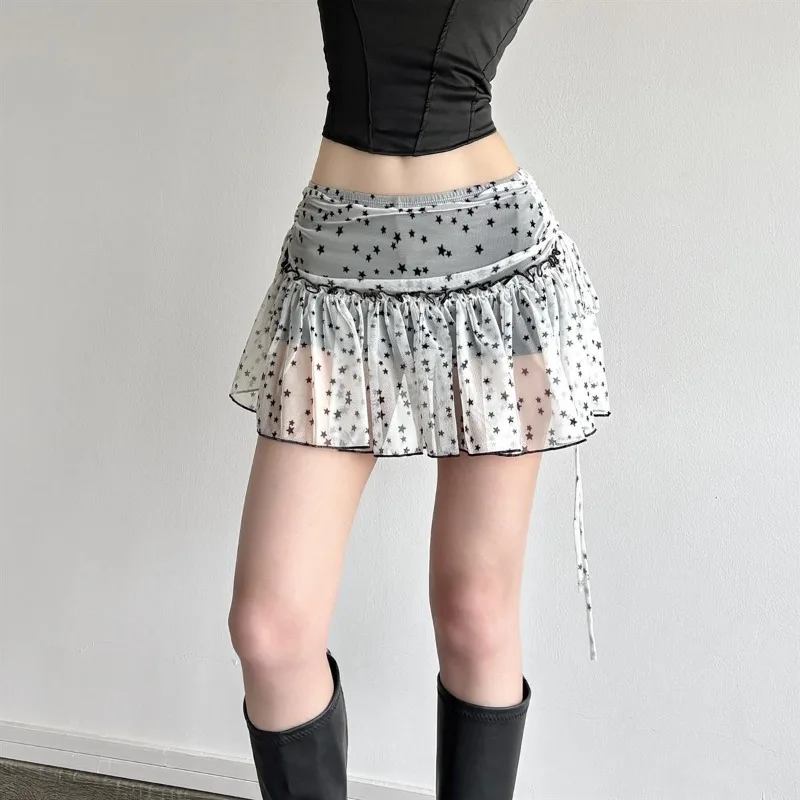 Women's Spice Girls Star Printing Side Strap Pleated Design Skirt Versatile A-Word Short Skirt